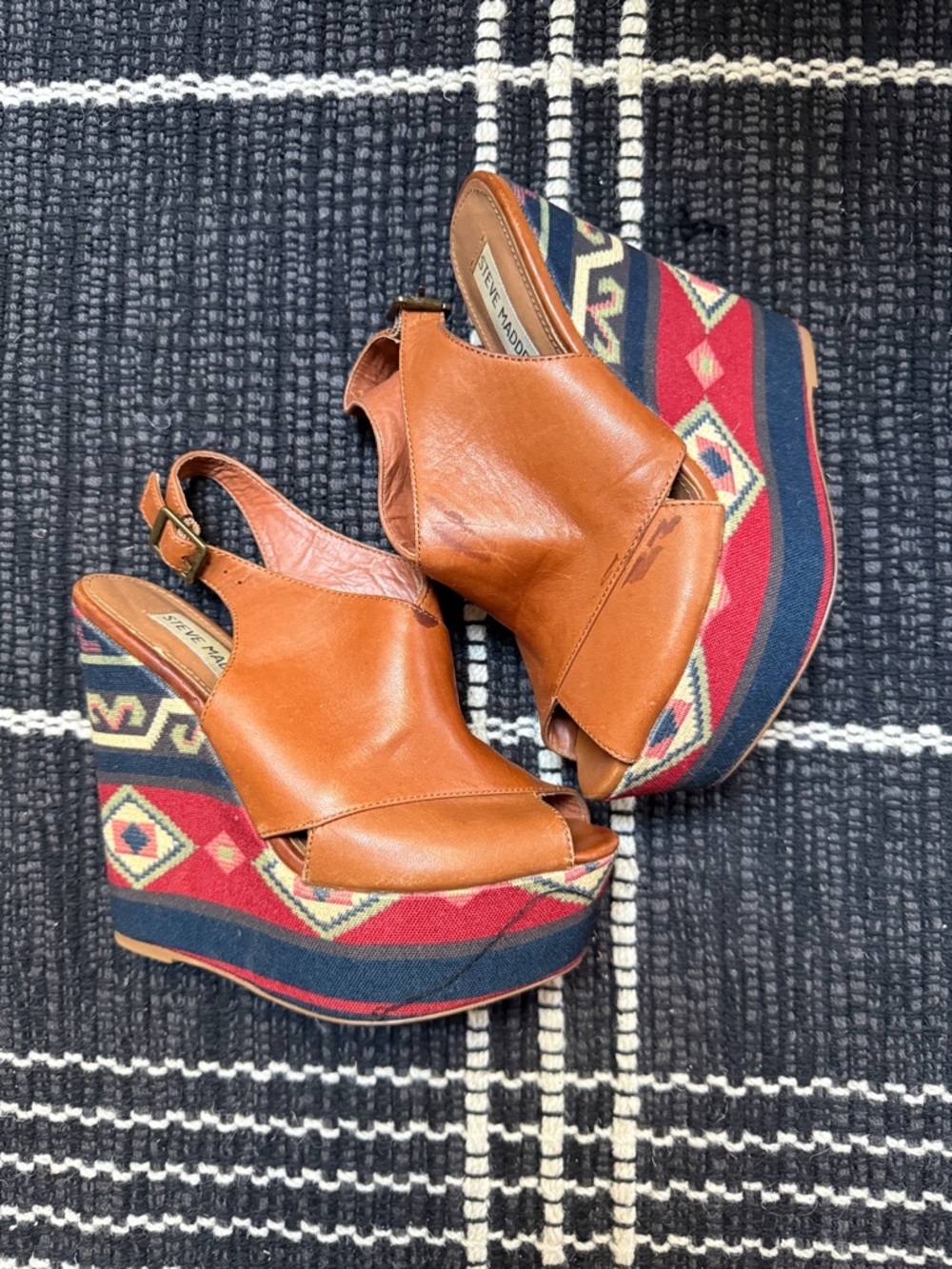 Steve Madden Cognac Leather Slingback Wedges with Aztec Print Platform